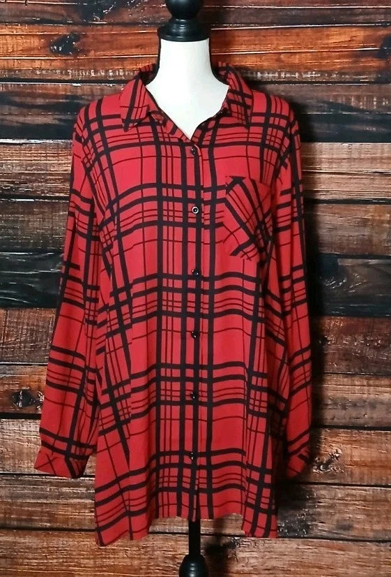 Blusa Top Susan Graver Talla Grande 18W Roja Negra Cuadros Botón Frontal  Foto 3 de 4