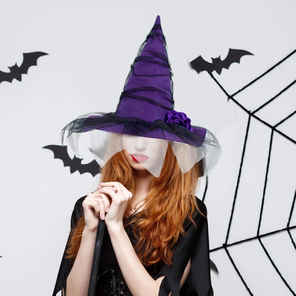 Sombrero de bruja de Halloween gótico gasa negra para cumpleaños festivales carnavales vacaciones Foto 3 de 4