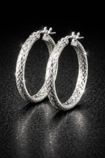 Silver 925 Textured Round Hoop Earrings Metal Continuous Hoop