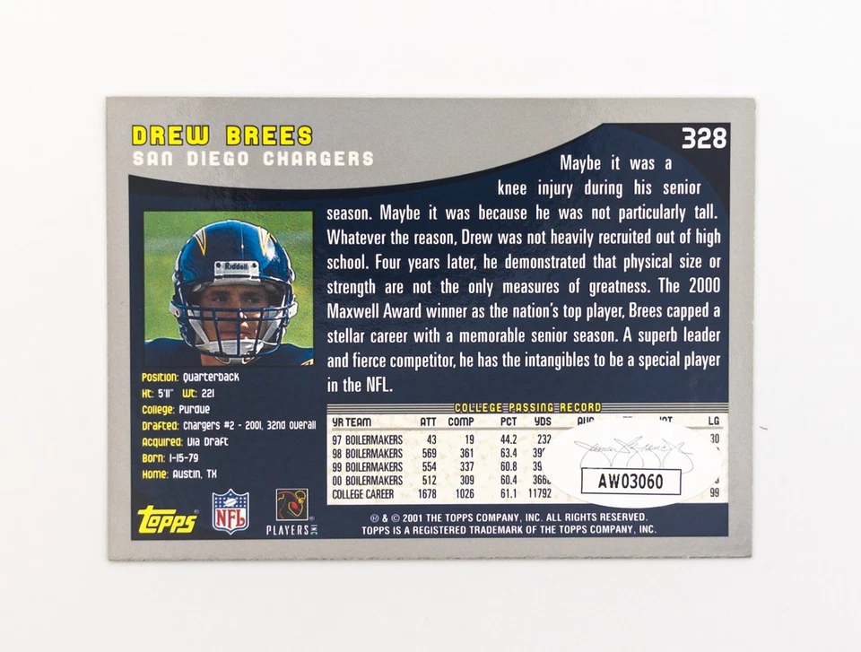 Tarjeta de novato Topps Drew Brees 2001 RC #328 - ¡Autógrafo certificado por la JSA! Foto 3 de 3