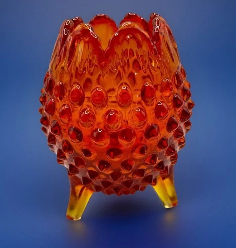 VTG FENTON Amberina Glass Ombre Hobnail🔥Footed Egg Rose Bowl Vase Glows EUC