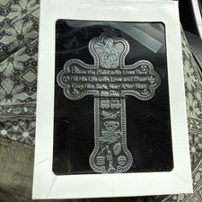 Crib Cross-Bless This Child w/Blue Ribbon-Pewter Gift Boxed