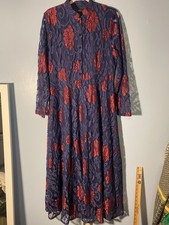 FASJ Large Long Sleeve Lace Floral MaxiDress Lined Boho Romantic Navy/Red