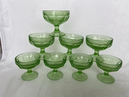 Vintage FEDERAL Green Glass Uranium Sherbert Ice Cream Pedestal Cup -8 available