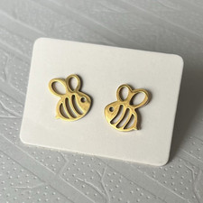 Gold Tone Metal Bee Stud Earrings Butterfly Back, Lobe, Animals & Insects