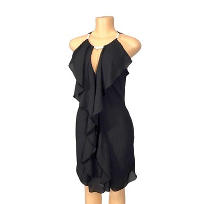 Venus Black  Ruffle Cocktail Dress Rhinestone Accent V-Neck Knee Length Size 6
