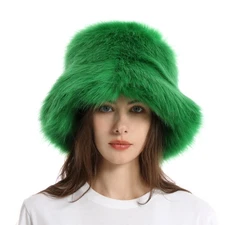 Fuzzy Bucket Hat for Women Winter Fluffy Furry Plush Faux Fur Hats Rainbow Cu...