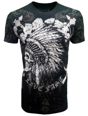KONFLIC [CHIEF SKULL] T-SHIRT BROKEN BONES ROCKER BIKER HARLEY INK  Konflic - Ch