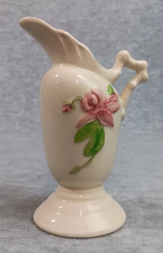 Vintage Hull Pottery USA Woodland Pitcher Vase W3-5 1/2 Glossy White/Pink/Green