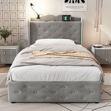 Velvet Upholstered 3ft Single Storage Bed Frame with 4 Drawers, Headboard, Grey