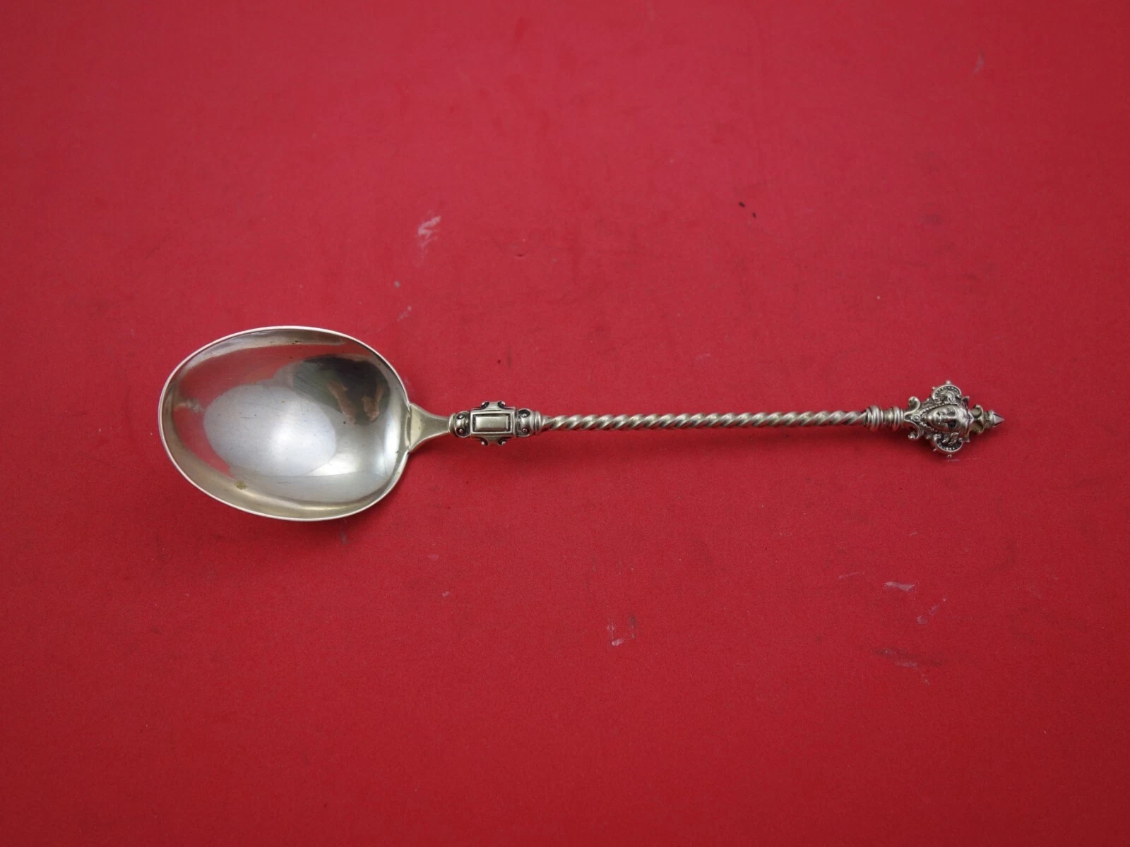 Koch and Bergfeld Sterling Silver Sauce Ladle with Faces Twisted Handle 8"