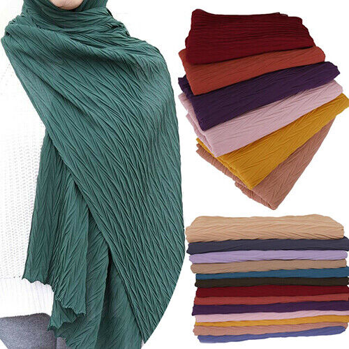 Women Ladies Pleated Chiffon Hijab Scarf Crinkle Shawl Muslim Soft Scarves Wraps - Afbeelding 1 van 30