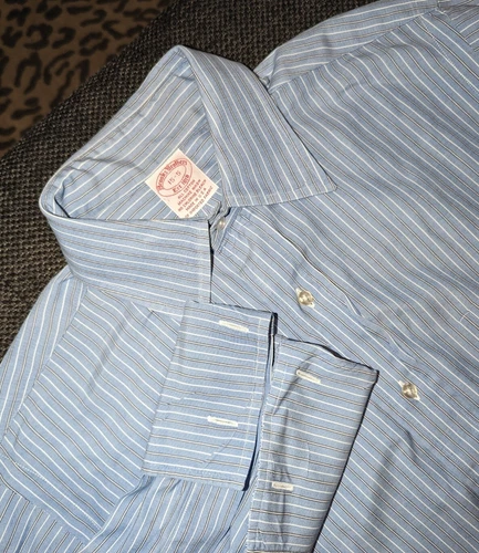 Brooks Bros USA Cotton FRENCH CUFF Link Men Dress Blue Stripe Shirt 15 1/2 #t131