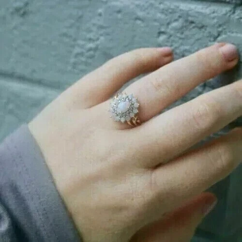 3 Ct Oval Lab Created Fire Opal Halo Wedding Cluster Ring 14K Yellow Gold Plated - Image 4 of 4