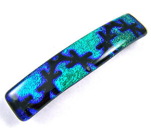Dichroic Glass Hair Clip 12 12mm Blue Cobalt Green Teal Verdigris Purple Geometric Patterned Patchwork Round Fused Glass Metal Snap Clip