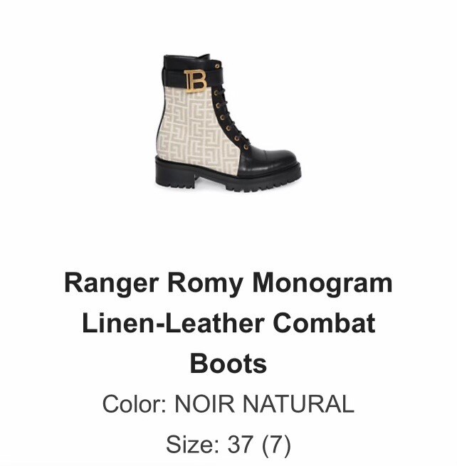 Balmain Ranger Romy Monogram Linen-Leather Combat Boots  Noir Natural Sz 37(7)