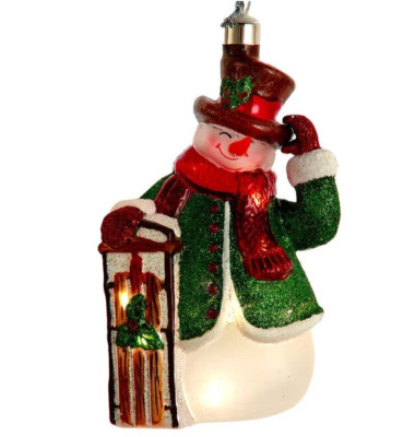 Kurt Adler Glass USB LED Snowman Sled Ornament Illuminated Gems Warm White NoBox