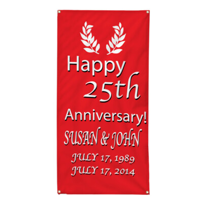 Vertical Vinyl Banner Multiple Sizes Happy 25Th Anniversary! Custom Names Red A