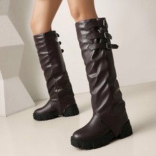 Women Platform Thick-soled Knee High Boots Western Cowboy Riding Mid Heel Buckle