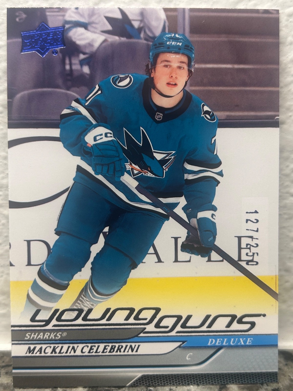 2024-25 Upper Deck Young Guns Deluxe Macklin Celebrini /250 #451 San Jose Sharks