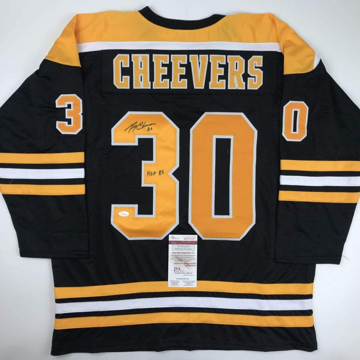Gerry Cheevers Autographed Signed Boston Bruins / HOF 85 Boston Black Hockey Jersey JSA COA Auto 