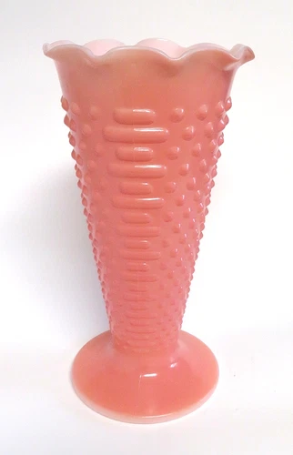 Vintage Anchor Hocking Scarce Coral Pink Hobnail Milk Glass Trumpet Vase 9 1/2"