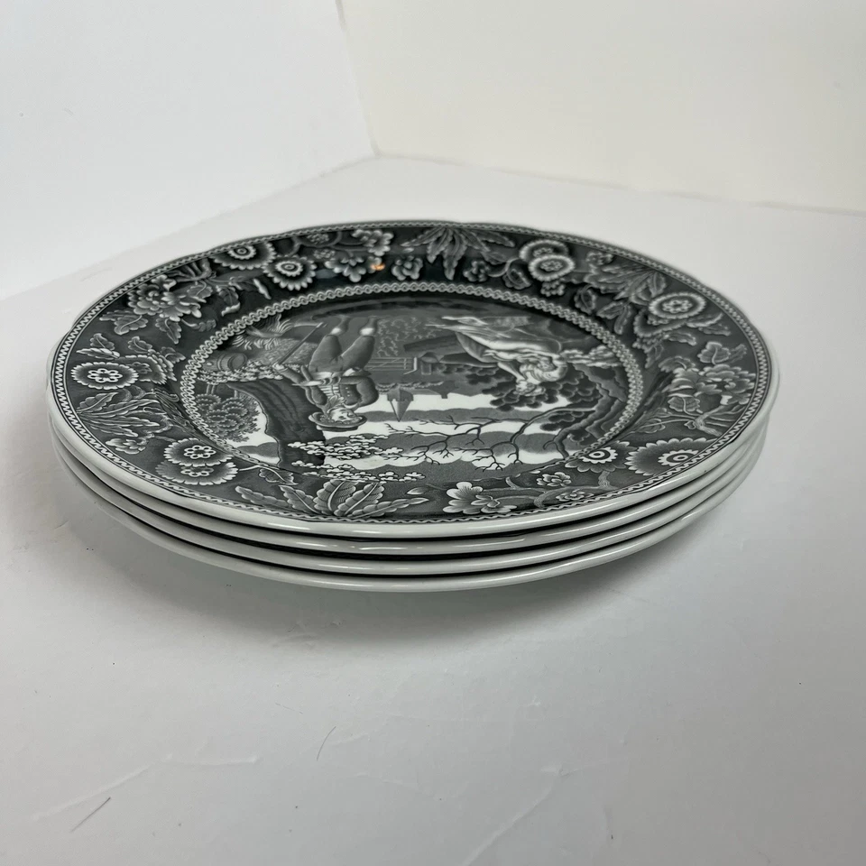 4 шт обеденных тарелки Spode Georgian Series Woodman 10 дюймов черные S3480-W Англия б/у в отличном состоянии - Изображение 4 из 4