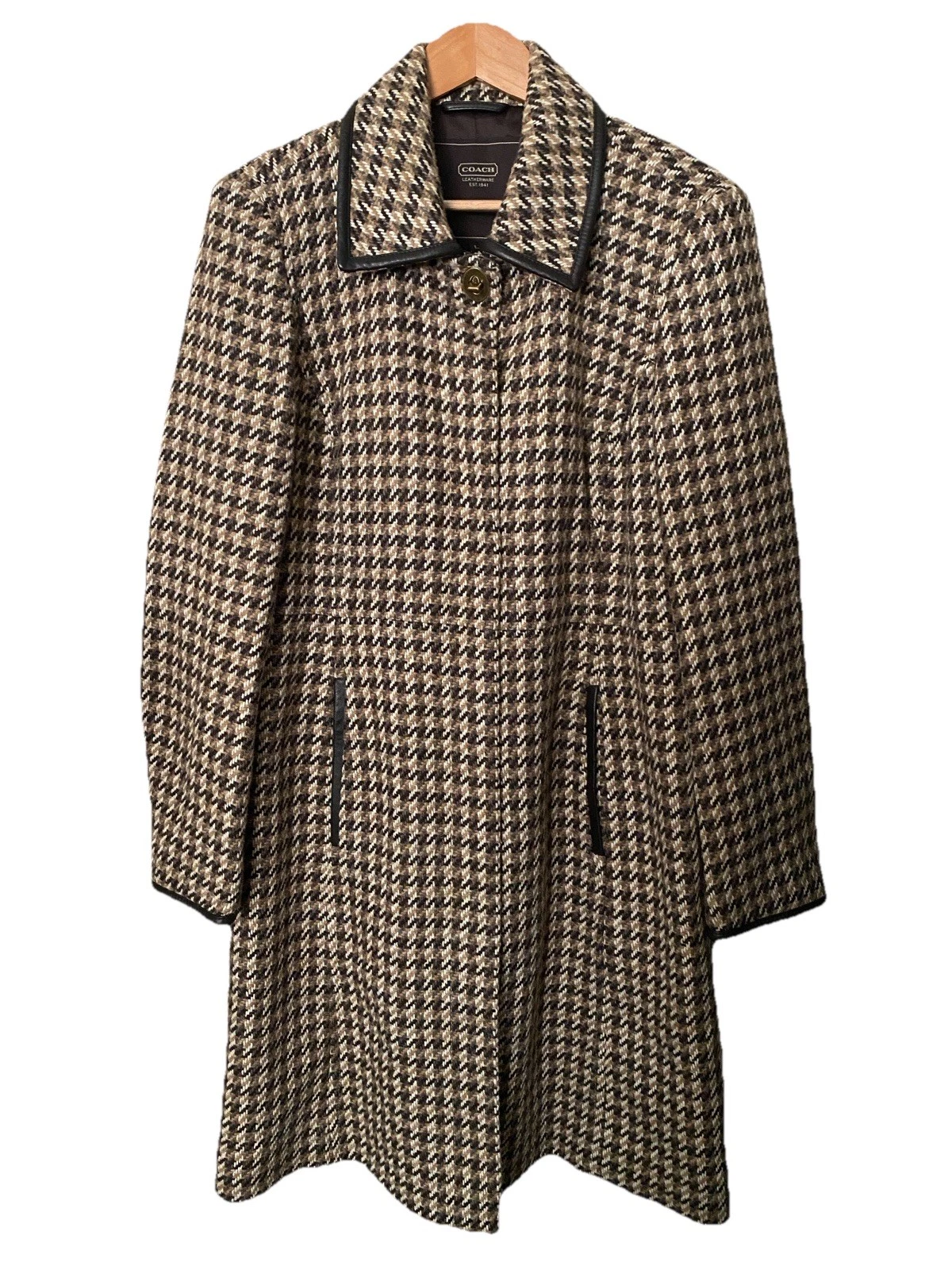 Giacca cappotto lana pied de poule vintage COACH donna pelletteria lungo marrone taglia L