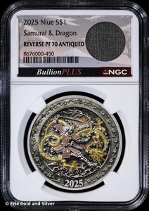2025 $1 Niue Samurai & Dragon 1oz Silver Antiqued Reverse Proof Coin NGC PR 70