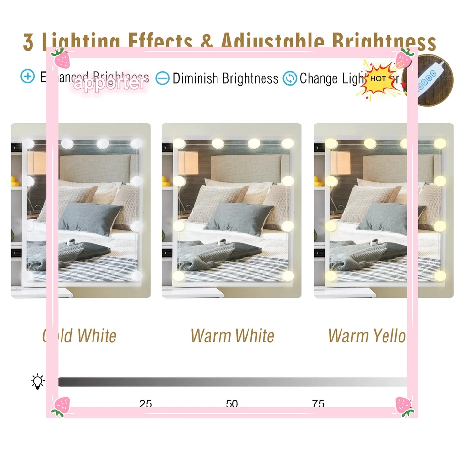 10 LED Lights Mirror Vanity Makeup Dressing Desk With USB Port for Xmas gifts US - Image 4 of 4