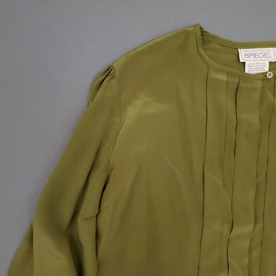 VINTAGE Spiegel Blouse Womens 12 Long Sleeve 100% Silk Button Up Pleated Green * - Image 2 of 4
