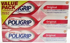 Super Poligrip Denture Adhesive Cream Original  3 PK false teeth tooth partial