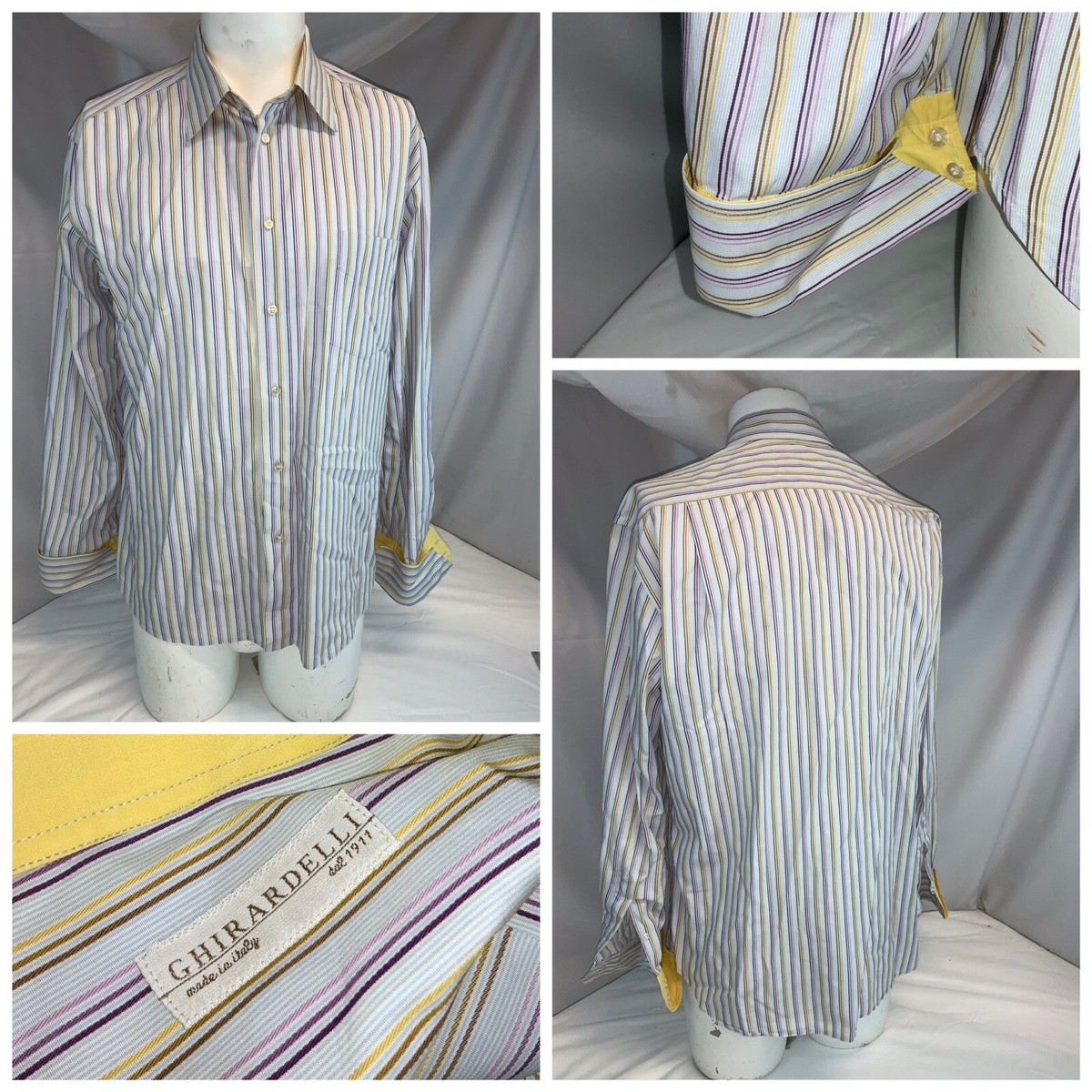 Ghirardelli Flip Cuff Shirt XL 16 34 Blue Purple Stripe