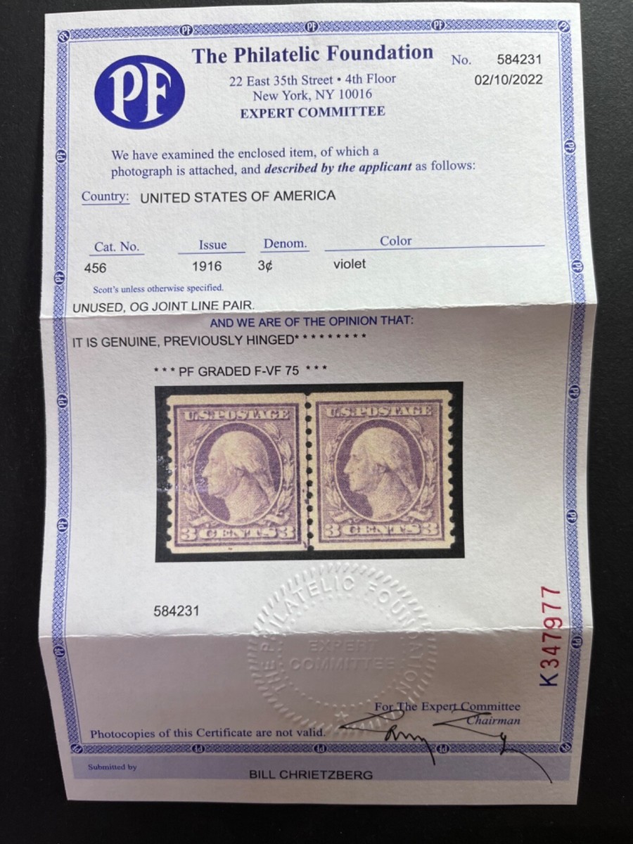 MOMEN: US STAMPS #456 LINE PAIR MINT OG LH VF 2 PF CERTS LOT