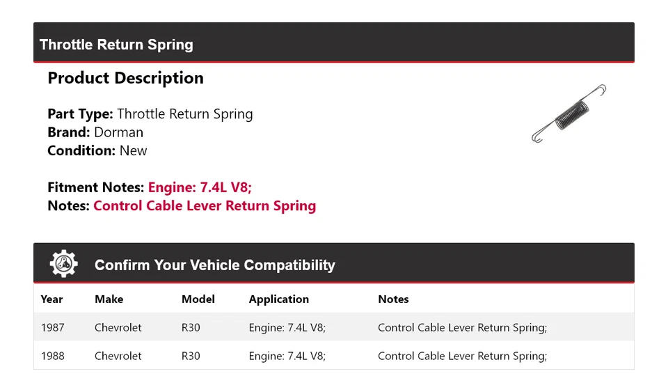 Возвратная пружина дроссельной заслонки для 1987-1988 Chevrolet R30 7,4 л V8 Dorman - Изображение 2 из 4
