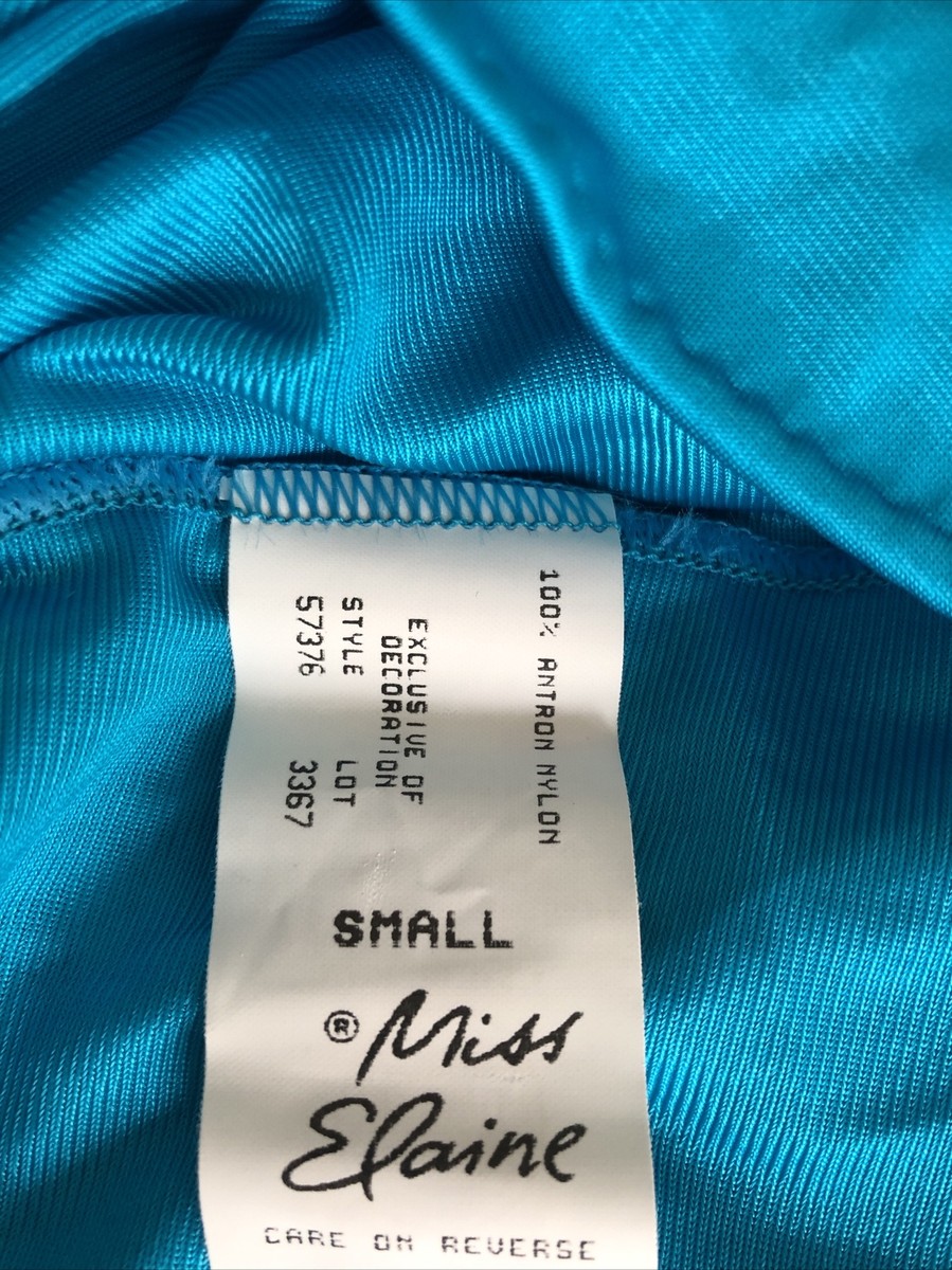 Vtg Miss Elaine Bright Turquoise Blue Nylon Long Nightgown V Neck