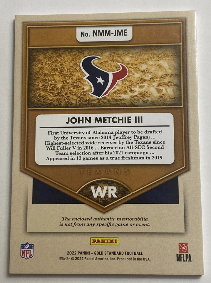 2022 Panini Gold Standard John Metchie III Newly Minted 2 Color Patch 27/49 - Image 2 of 2