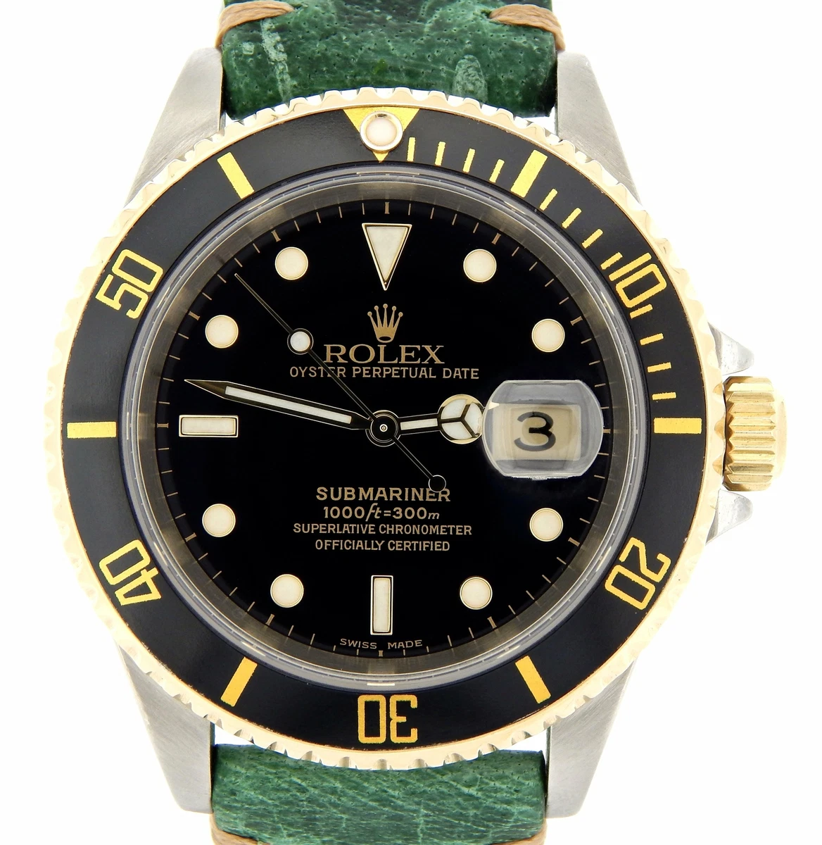 Rolex Submariner 18k Yellow Gold Stainless Steel Watch Black Sub Green 16613