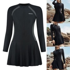 Women Swimsuit Long Sleeves Front Zippered Rashguard Swim Dress with Boyshorts