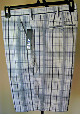 NWT Men's APT. 9 Seersucker Shorts 40W Blue Gray White Plaid Lightweight Cotton