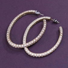 2.25" Vermeil gold over Sterling silver hoops 925 huggie earrings w/ cluster Cz