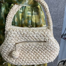 Vintage 1960s Woven Raffia Handbag Seashell Charm Made in Japan Ivory Purse