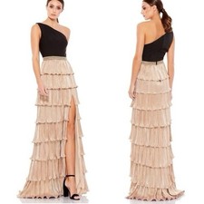 Mac Duggal Black and Gold One-Shoulder Ruffle Tiered A-Line Gown Size 4 