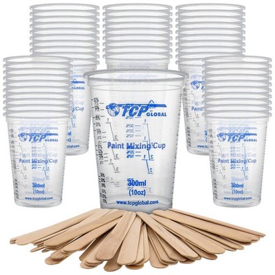 TCP Global 10 oz. (300ml) Graduated Plastic Mixing Cups - Box of 50 with 50 Mixi
