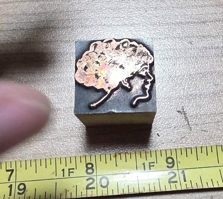 Vintage Letterpress Printing Block Woman Curly Hair Up Do Profile Face Head