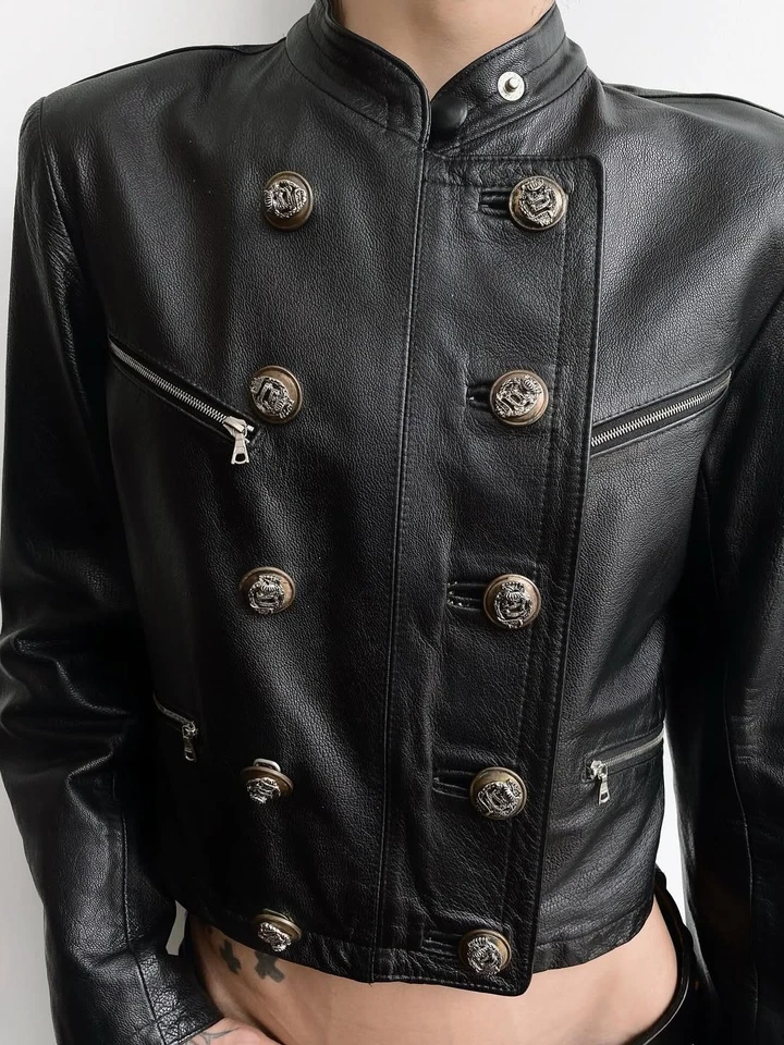 Chaqueta Napoleón Militar de Cuero Negra Bellizzi De Colección Para Mujer Doble Pecho Foto 2 de 4