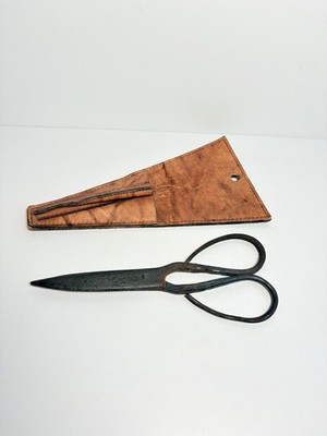 Vintage Blacksmith Hand Forged Scissors Shears 10'' with Leather Sheath Holder