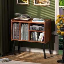 Record Player Table, Mid-Century Record Player Stand with Vinyl Storage Brown