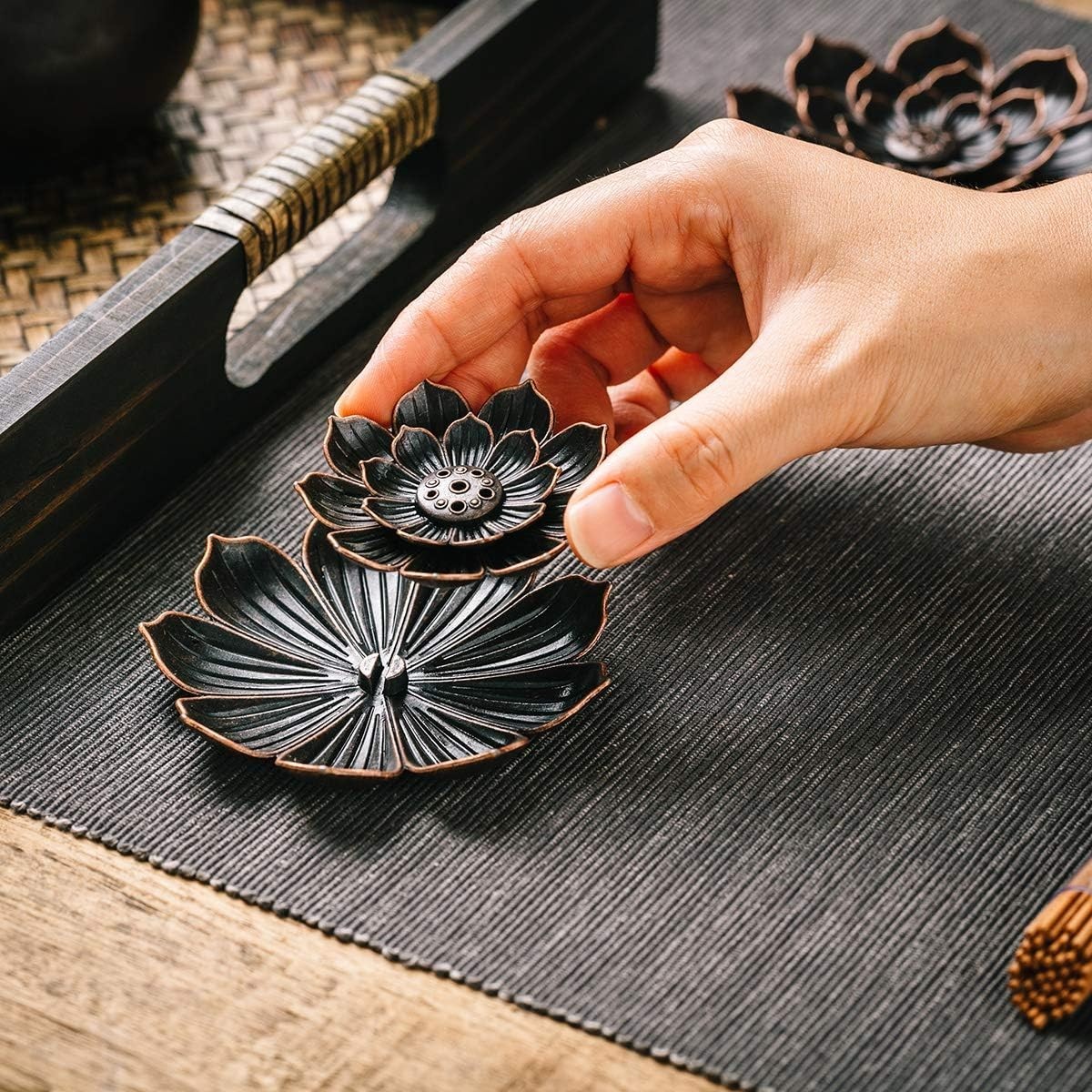 Compact Brass Lotus Incense Burner Set for Meditation & Relaxation