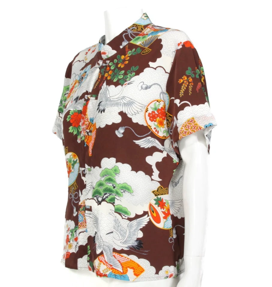 HILO HATTIE Grúa en el Cielo Gráfico Completo Seda Top Cuello Mandarín talla M/267 Foto 4 de 4